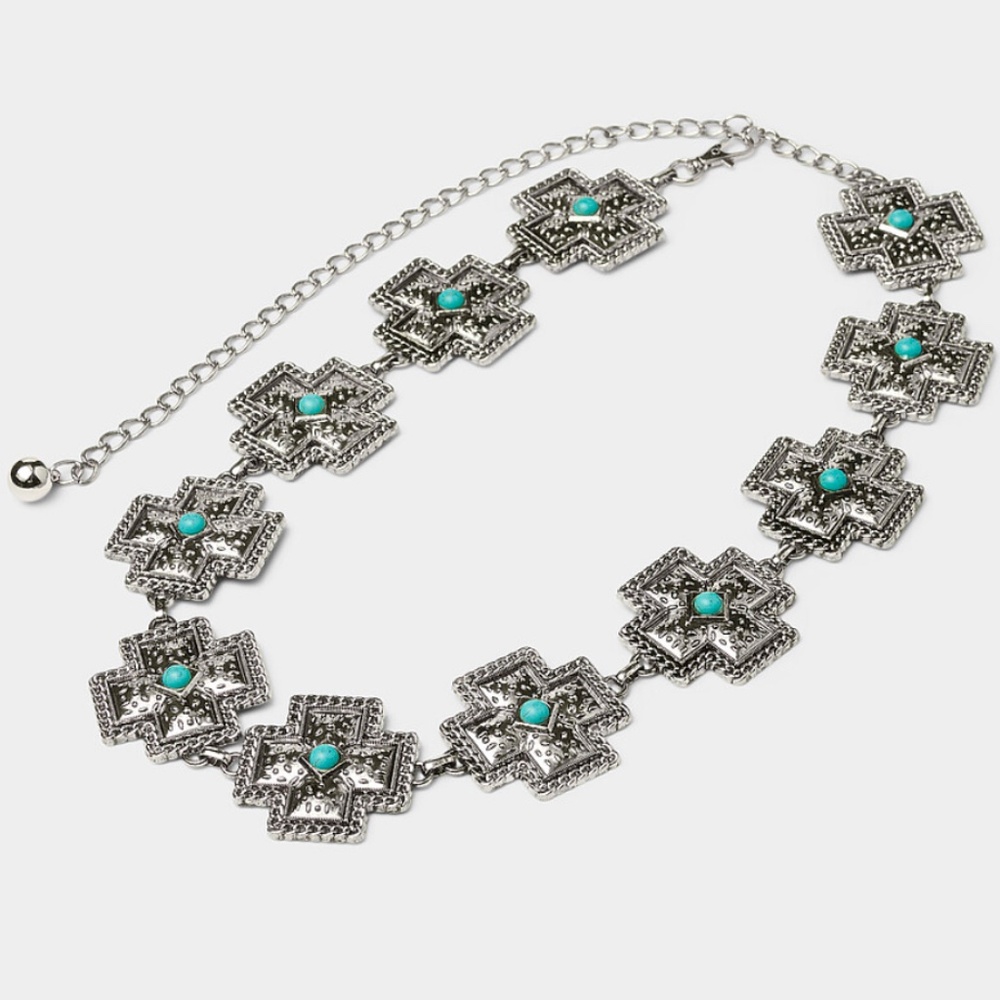 Silver metallic cross medallion and turquoise blue stone chain belt NWT